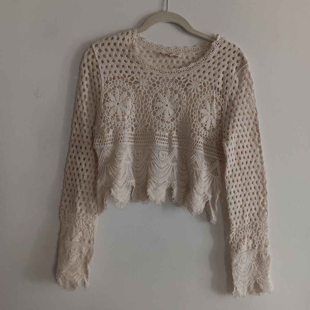 Rebellion Cream Floral Open Knit Crochet Long Sleeve Top  Festival‎ Goth Grunge